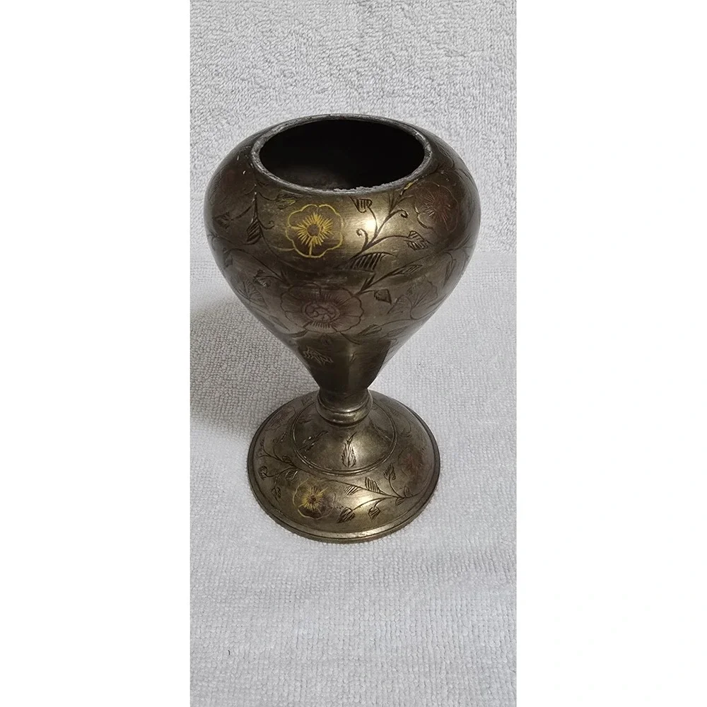 Vintage Hand Etched Solid Brass Pedestal Bud Vase Peacock Floral India 5